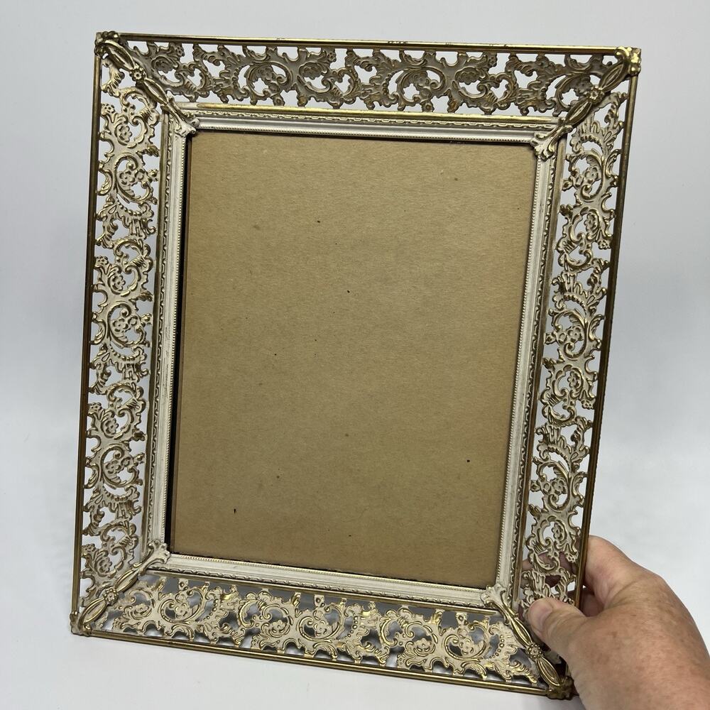 Vtg Ornate Filigree Metal Brass Picture Frame Gold White Hollywood Regency 8x10
